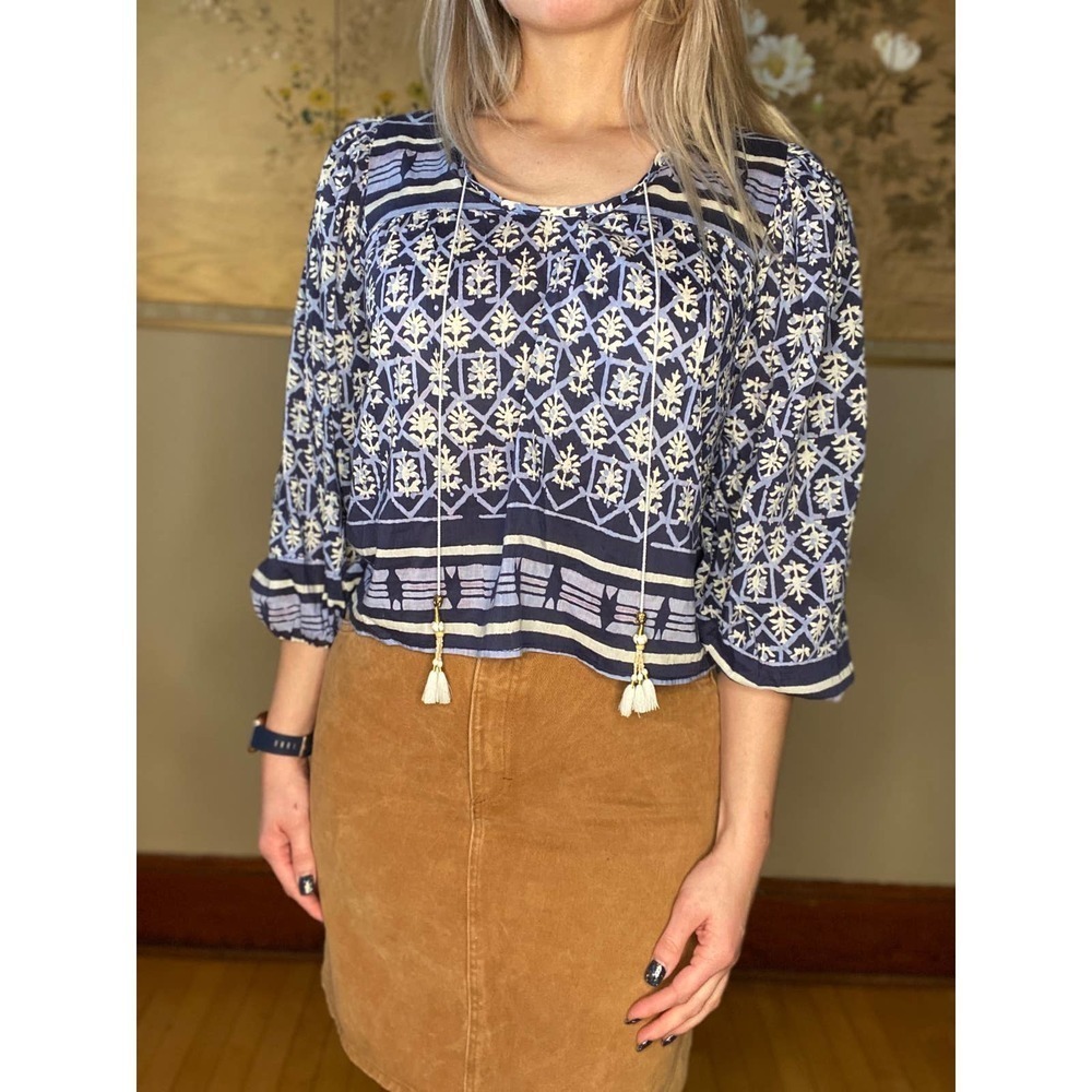 Silk Cotton Blue Tassel XS Bell Blouse Lightweight